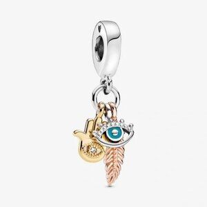 Silver and Gold Charm with Evil Eye and Feather